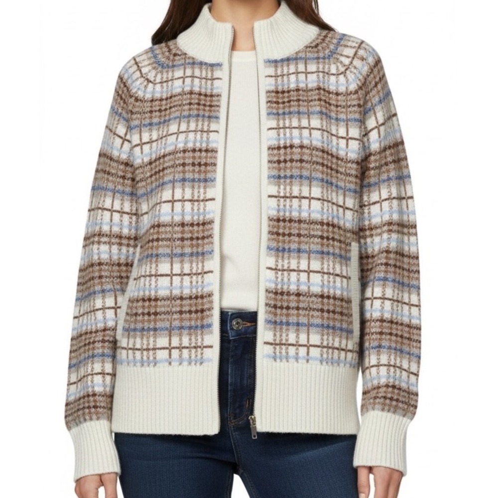Talbots Plaid Zip Cardigan‎ Sweater Cotton Wool Blend Large Cream Brown Blue